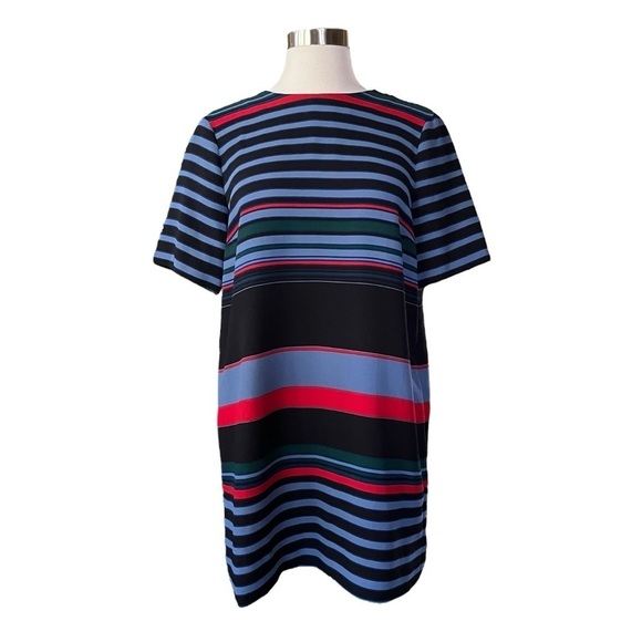 Zara Woman Blue Red Black Striped Short Sleeve Shift Dress Size M Preppy Classic - Picture 1 of 9